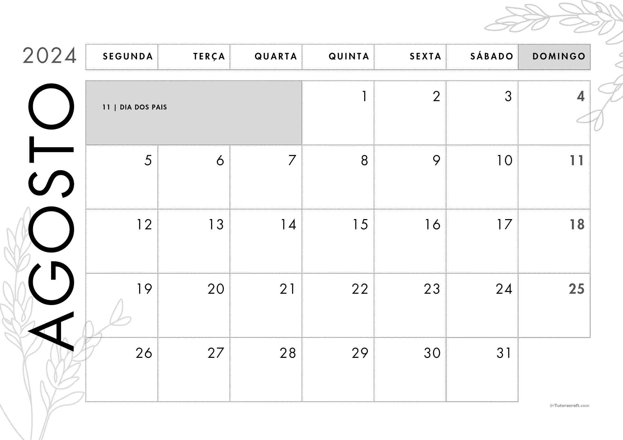 Calendário mensal agosto 2024 para imprimir