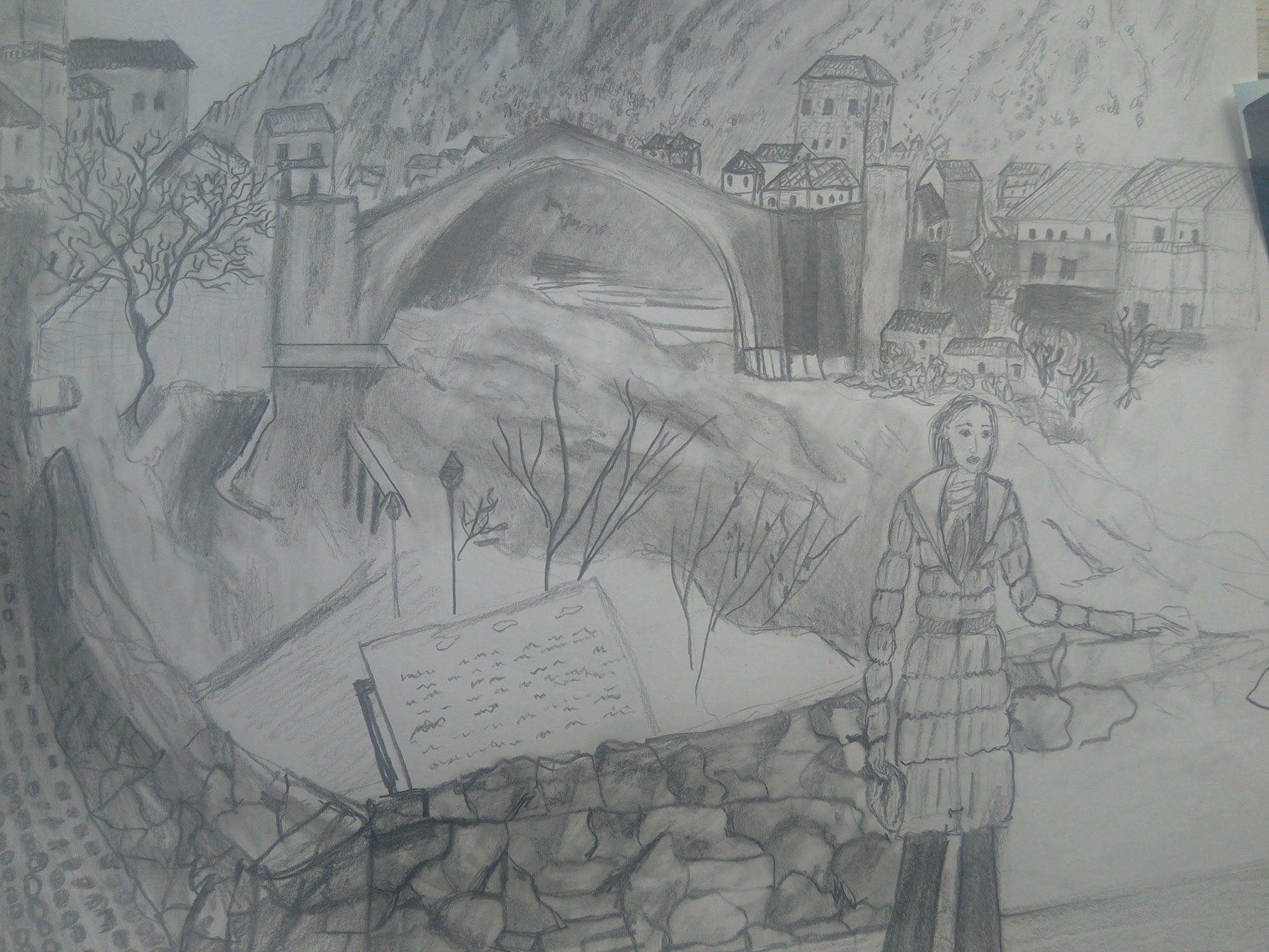 Pencil Drawing (The Making of): Outfit Post + Illustration (location Mostar, Bosnia and Herzegovina, old town and bridge)