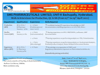 SMS PHARMACEUTICALS LIMITED Walk-In Interviews for Production, QC & RA (From 07th to 09th April 2022) AndhraShakthi - Pharmacy Jobs