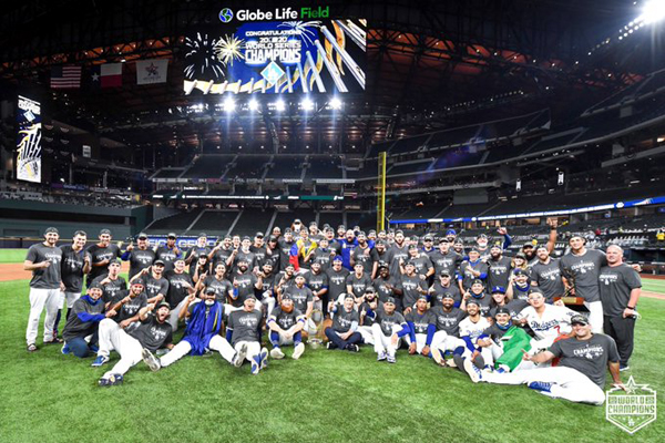 The Los Angeles Dodgers take a group photo at Globe Life Field in Arlington, Texas...following their Game 6 World Series victory against the Tampa Bay Rays on October 27, 2020.