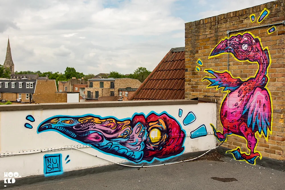 Mural work by street artist Nush Poke in Penge, London.