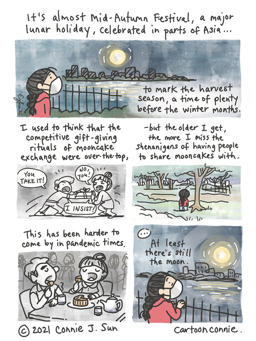 5-panel comic about Mid-Autumn Festival and mooncake rituals by Connie Sun, cartoonconnie