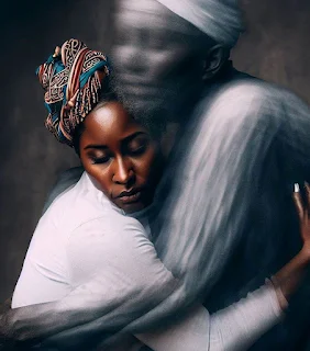 woman wearing a headwrap hugging her father's ghostly figure