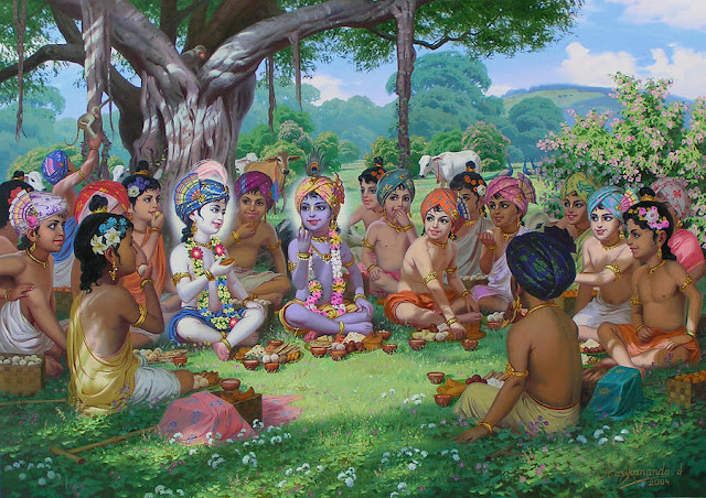 Krishna and the Cowherd Boys Relish Prasadam