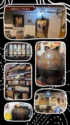 Collage of pictures of the eclectic decor inside Adeja Velha in Mourão Portugal including the famous wall of old radios