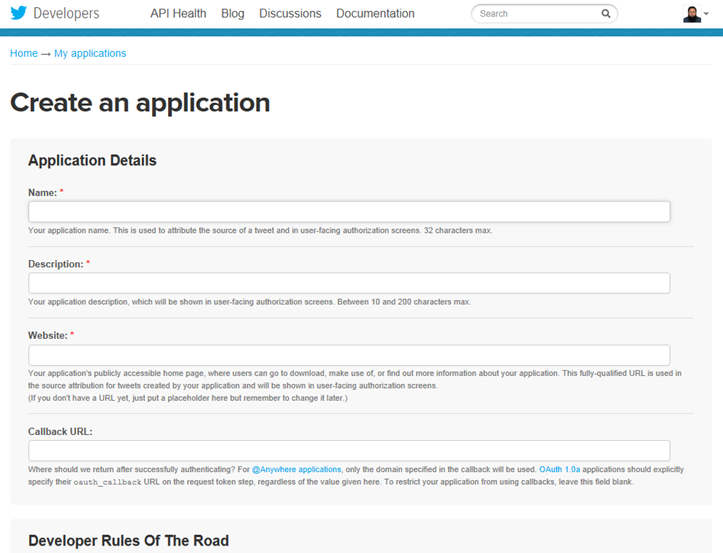twitter developer apps new application