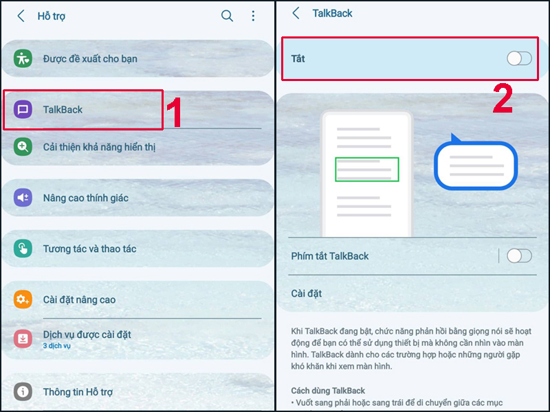 Gạt thanh trạng thái sang phải để bật, sang trái để tắt chế độ TalkBack
