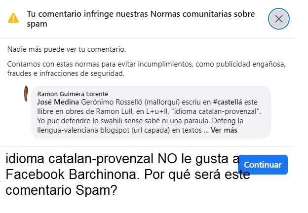 idioma catalan-provenzal no le gusta a Caralibro Facebook Barchinona. Por qué será este comentario Spam?