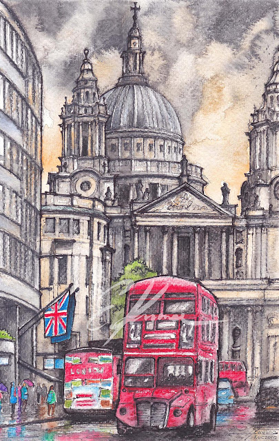 Watercolor showing a view from a street in London, a red double-decker in the foreground and St Paul's Cathedral in the background