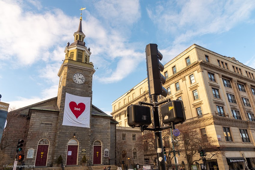 Portland, Maine USA February 2020 photo by Corey Templeton. A banner on the First Parish Church celebrating both Valentine's Day and, I presume, the 200th anniversary of Maine this year. 