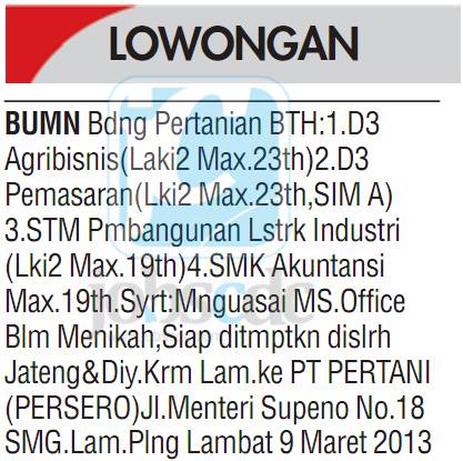 Lowongan BUMN Terbaru PT Pertani (Persero) Lulusan D3, STM 