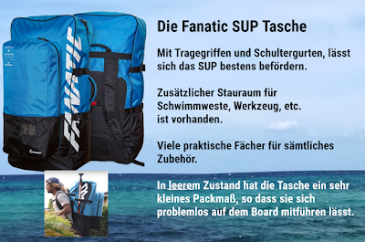 SUP Tasche mit Tragegriffen und Schultergurten, lässt sich das SUP bestens befördern.   Zusätzlicher Stauraum für Schwimmweste, Werkzeug, etc. ist vorhanden.  Viele praktische Fächer für sämtliches Zubehör.  In leerem Zustand hat die Tasche ein sehr kleines Packmaß, so dass sie sich problemlos auf dem Board mitführen lässt.