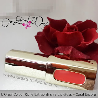 L'Oreal Paris Extraordinaire Lip Gloss - 202 Coral Encore - Review, Swatch, cannes 2015, Katarina Kaif, team gloss