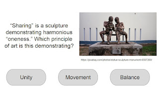 “Sharing” is a sculpture demonstrating harmonious “oneness.” Which principle of art is this demonstrating? Possible answers: Unity, Movement, Balance