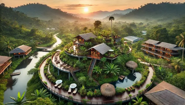 A scenic eco-tourism resort surrounded by lush greenery, emphasizing sustainable travel practices A scenic eco-tourism resort surrounded by lush greenery, emphasizing sustainable travel practices