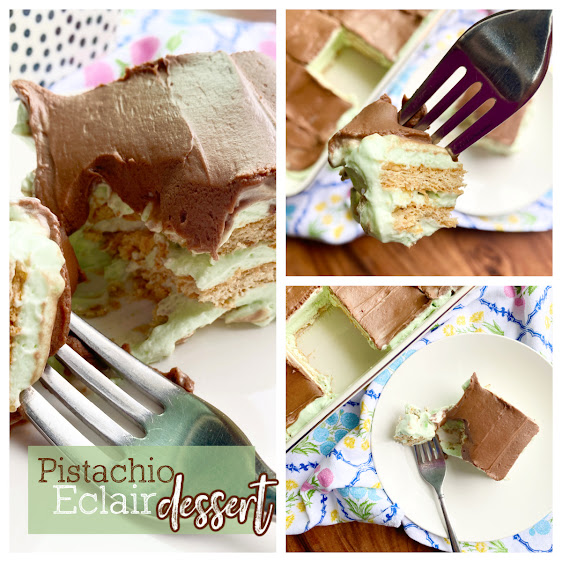 Collage of pistachio éclair dessert photos