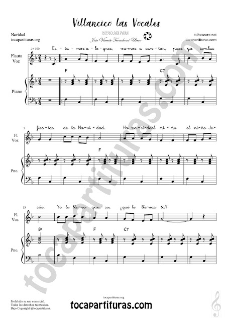  Partitura de Piano Acompañamiento del Villancico Las Vocales para acompañar en clases de música o canto Piano accompaniment