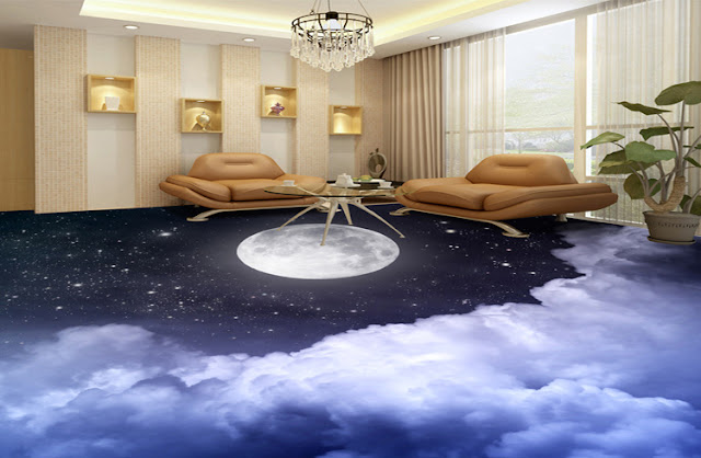 3d flooring for living room with sky clouds moon vinyl floor mural
