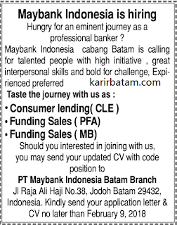 Lowongan Kerja PT. Maybank Indonesia Batam Branch (Ditutup 9 Februari 2018)