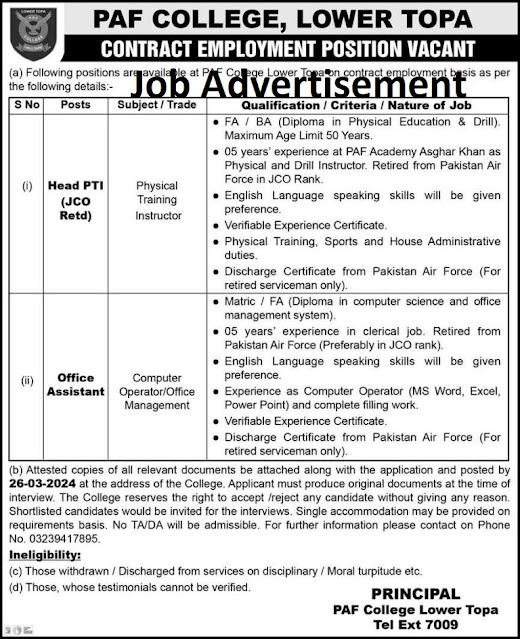 Pakistan Airforce College  Lower Topa ( PAF ) Jobs 2024 - Govt PAF Jobs 2024