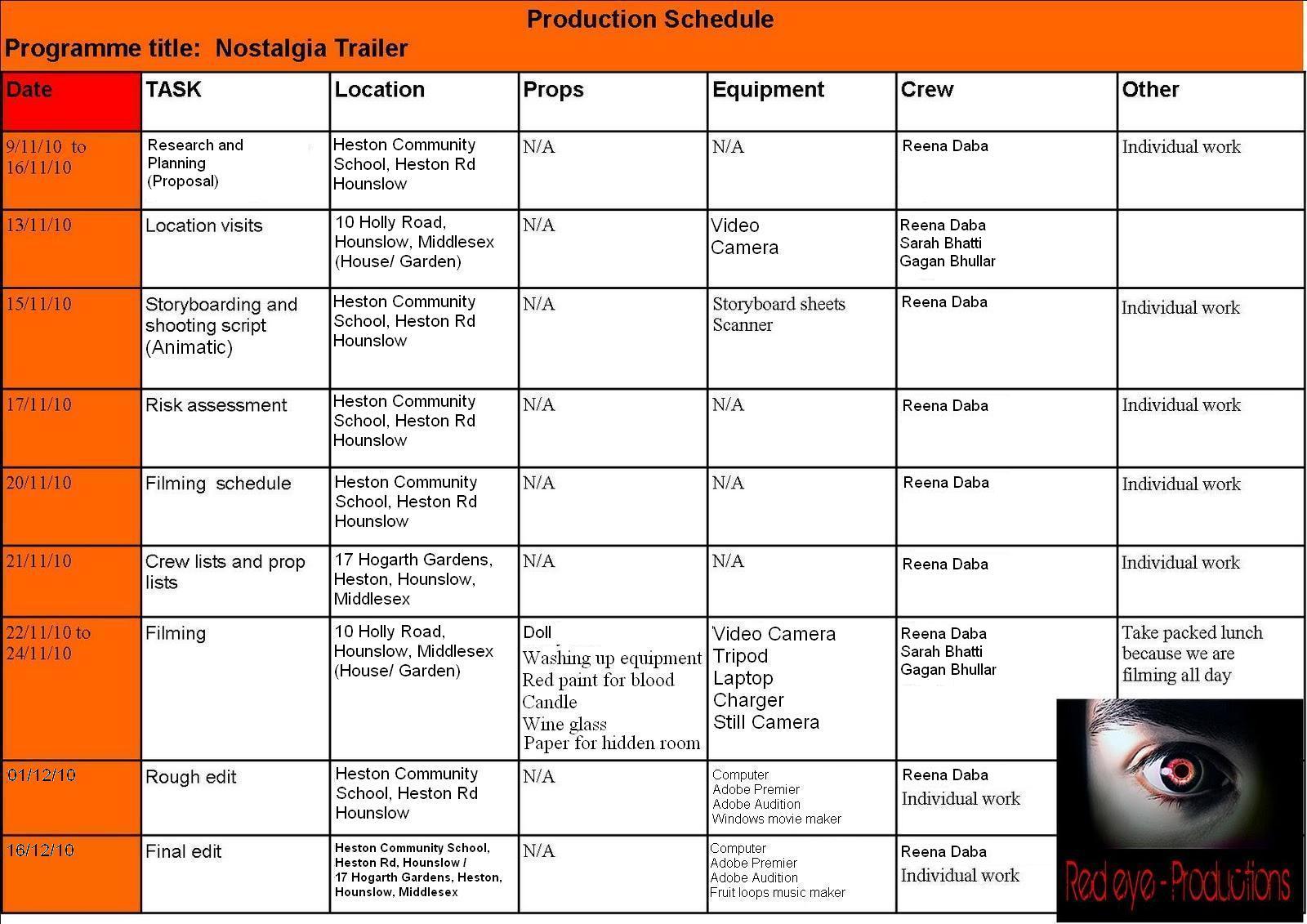 Reena's A2 Media Blog: Production Schedule