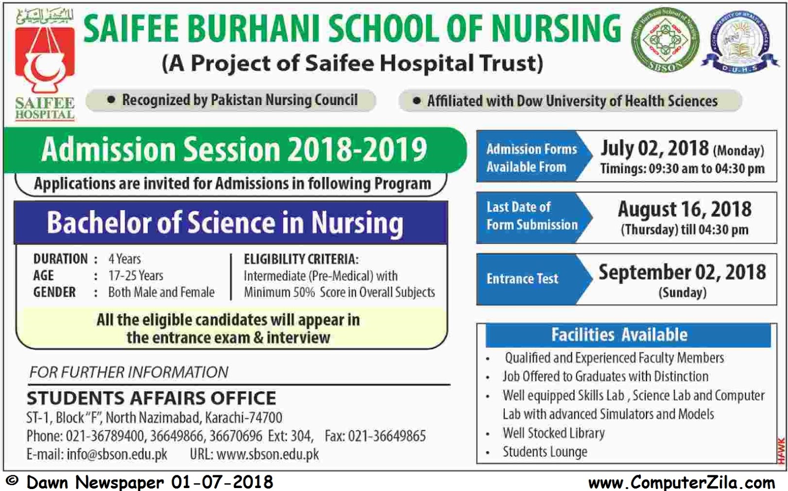 Saifee Burhani School of Nursing Admissions Fall 2018