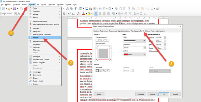 finestra di configurazione del formato del documento in libreoffice