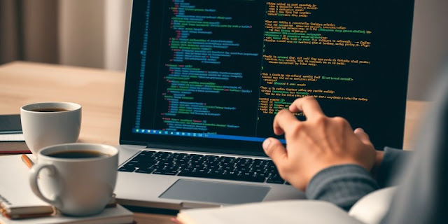 Developer coding with study materials on a desk.