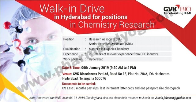 GVK bio | Walk-In for Research Chemistry | 6th Jan 2019 | Hyderabad