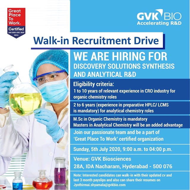 GVK bio | Walk-in for Discovery chemistry & Analytical R&D on 5 July 2020 at Hyderabad