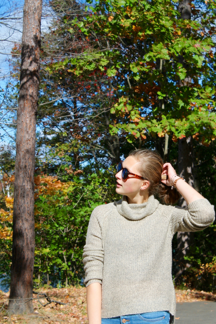 cross detail high low turtleneck sweater, ankle jeans and lace up espadrilles shoes