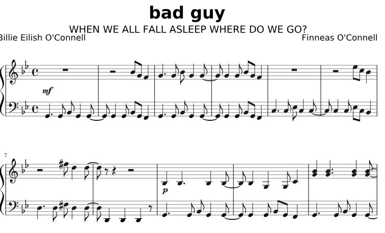 Billie Eilish – bad guy Piano Sheet Music PDF