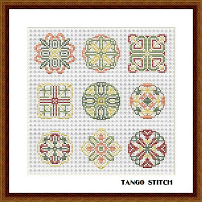 Green pink yellow cross stitch ornaments sampler pattern - Tango Stitch