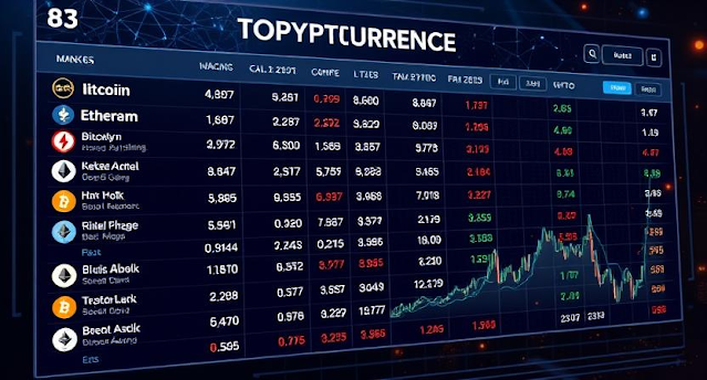 A high-tech cryptocurrency dashboard showing real-time market cap rankings, price charts, and digital coins like Bitcoin (BTC) and Ethereum (ETH). A trader analyzes financial data on a glowing screen with blockchain connections in the background