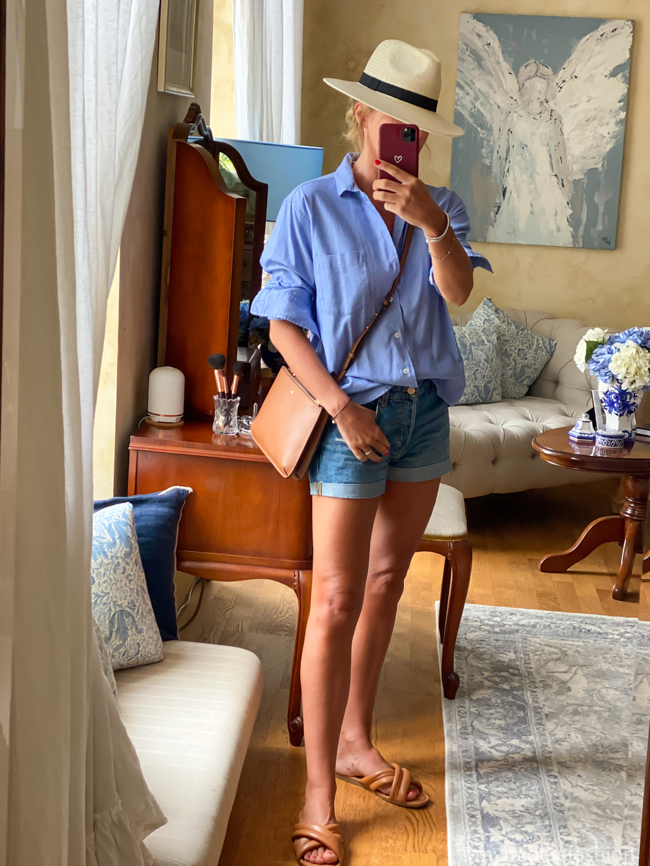 my midlife fashion, Zara Panama hat, Zara chambray shirt, Ralph Lauren crossbody bag, h and m denim boyfriend shorts, hotter shoes Rimini sandals