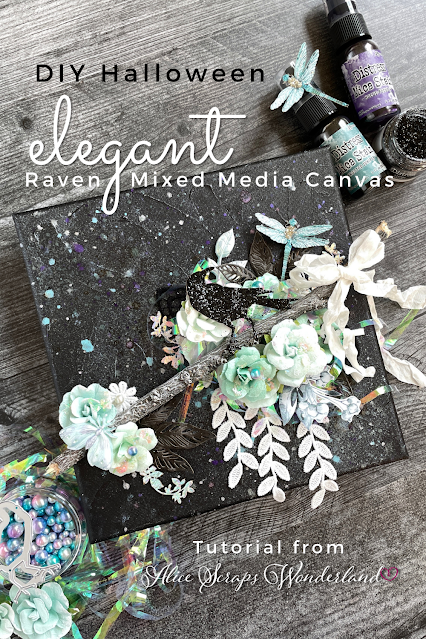 This dark and moody canvas gets a shimmery and feminine twist, using mica sprays, glitter and lace.