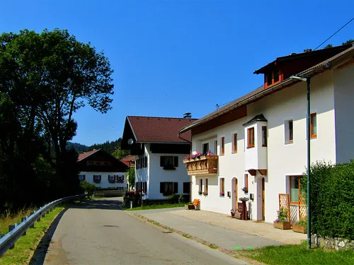 View of houses in Pinswang, Austria.