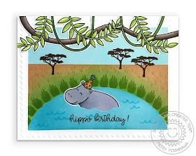Sunny Studio Blog: Hippo Birthday Puns Punny Hippopotamus Card (using Tropical Scenes & Savanna Safari Stamps and Frilly Frames Chevron Dies)