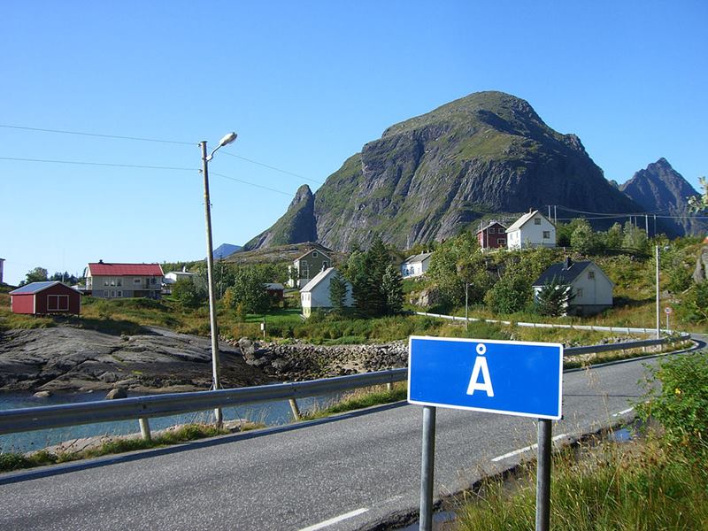 Å is a village of Moskenes in Nordland county, Norway. It is located towards the southern end of the Lofoten archipelago. But in Norwegian language its pronunciation "O". Å is listed in shorted place name in the world.