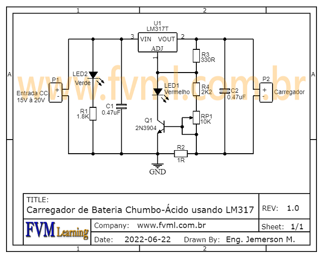 Circuito Carregador de Bateria Chumbo-Ácido com Indicador de Carga usando LM317 - fvml