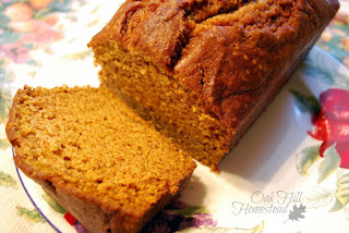 A sliced loaf of pumpkin bread on a white plate.