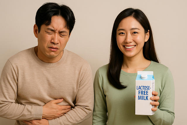 유당불내증 때문에 우유를 마시고 배를 움켜쥐는 사람의 모습