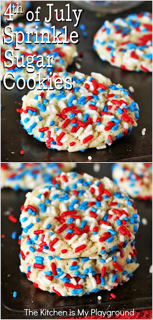 Red White & Blue 4th of July Sprinkle Sugar Cookies ~ Soft & chewy sugar cookies get dressed up in beautiful red, white, and blue for the 4th of July! Loaded with fun sprinkles and fabulous flavor, Red White & Blue 4th of July Sprinkle Sugar Cookies are the perfect little sweet treat for the holiday fireworks festivities.  www.thekitchenismyplayground.com