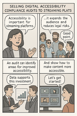 A four-panel comic illustrating how to sell digital accessibility compliance audits to streaming platforms. Panel 1: A consultant explains to a streaming platform executive why accessibility is important. Panel 2: A diverse audience with a speech bubble saying “Good point.” Panel 3: A consultant shows a graph, saying “Data supports this investment,” while the executive looks thoughtful. Panel 4: The team works on improving the platform, and someone says, “Let’s get started!”