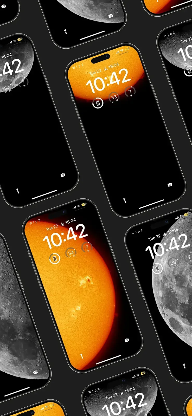 iPhones displaying high-definition sun and moon wallpapers in a celestial theme.