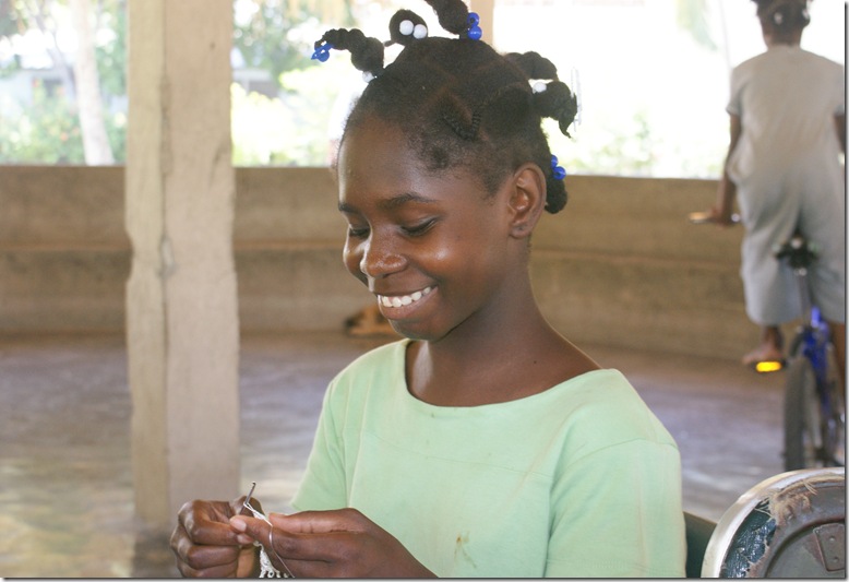Crocheting Girls and Stone on Driveway 005