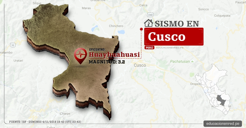 Temblor en Cusco de Magnitud 3.2 (Hoy Domingo 4 Noviembre 2018) Sismo - Epicentro - Huayhuahuasi - Espinar - IGP - www.igp.gob.pe