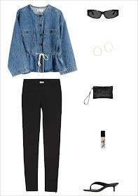 Transitional Fall Outfit Idea — cool denim jacket, '90s-inspired sunglasses, thin hoop earrings, a chic wristlet clutch, elevated Toteme leggings, and flip-flop heels
