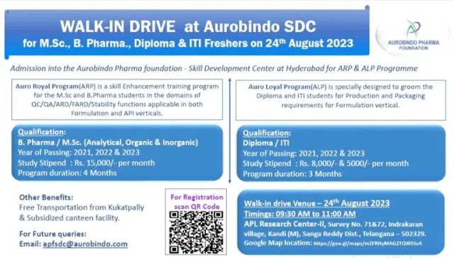 Aurobindo SDC Walk-in Drive For Fresher B Pharma/ MSc (Analytical, Organic & Inorganic)/ Diploma/ ITI