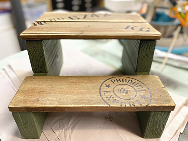 wooden step stool with stencils